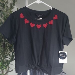 Calligraphie Beaded Heart Crop Tie Short Sleeve Shirt Top Black And Red Medium